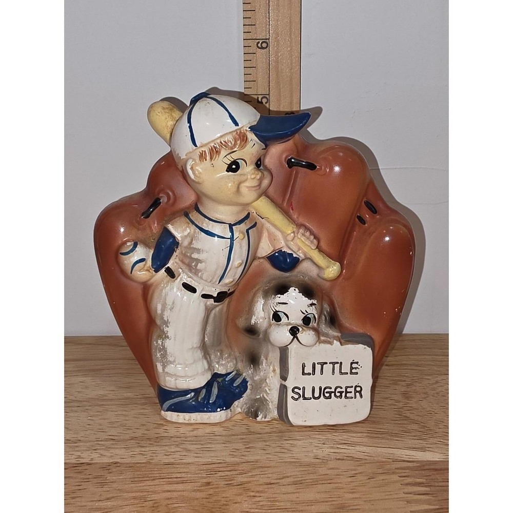 vintage mid-century ceramic "Little Slugger" baseball boy and dog glove planter